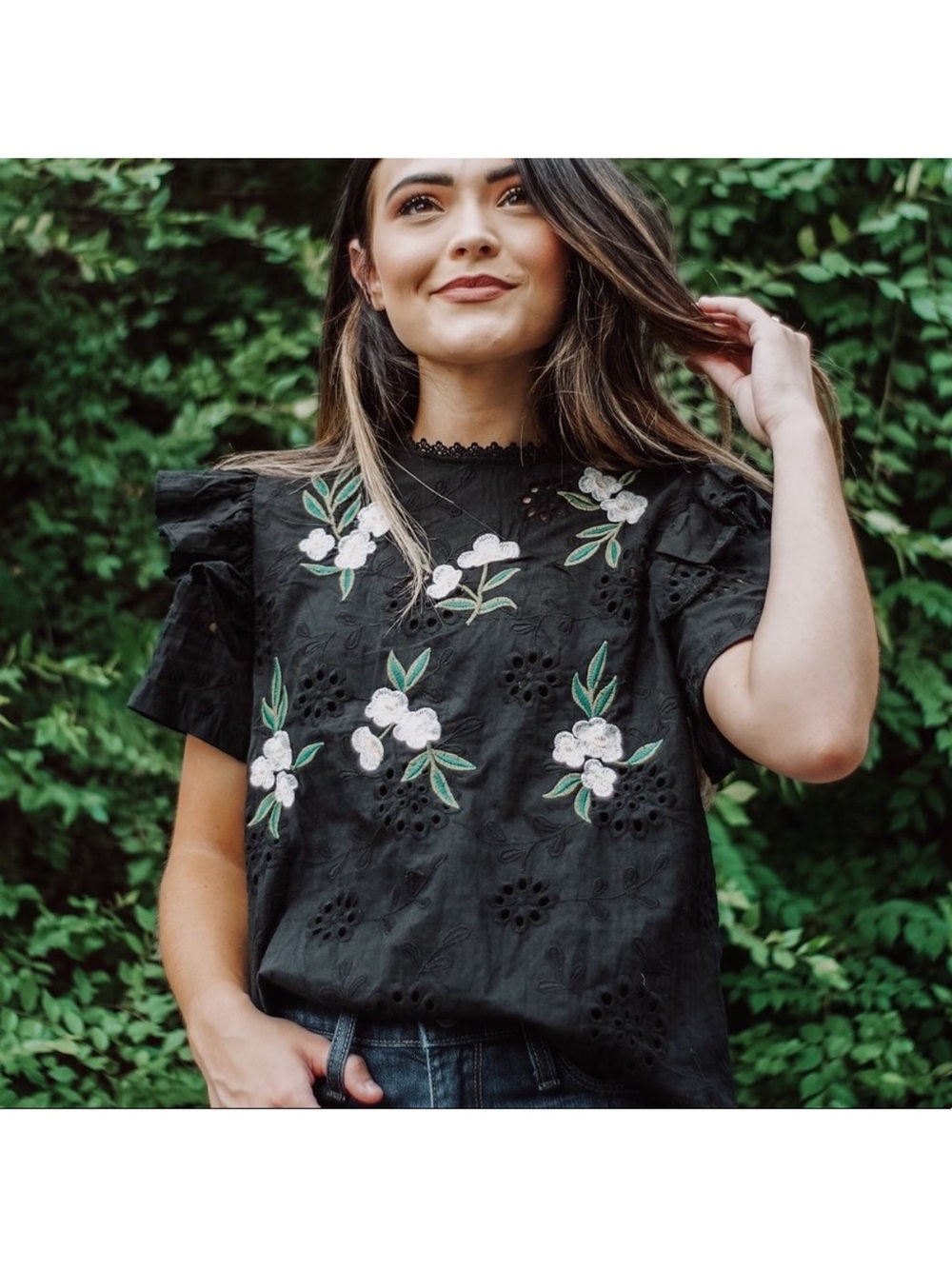 Black Eyelet Floral Embroidered Short Sleeve Top